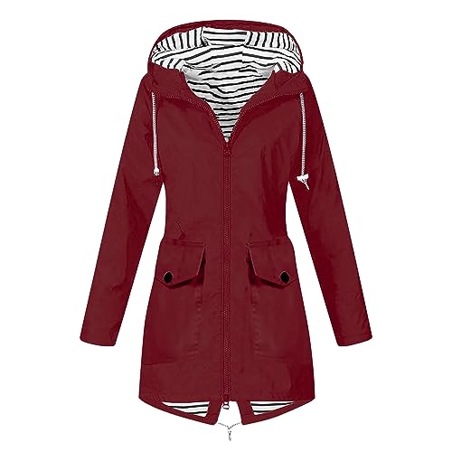 EMATOP Übergangsjacke Damen Leicht Atmungsaktive Regenjacke Winddicht Wasserdicht Regenmantel mit Kapuze Windbreaker Jacke Lang Einfarbig Jacke Herbst Winter Dünne Softshelljacke Outdoorjacke von EMATOP