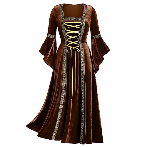 EMATOP Viktorianisches Kleid Damen Mittelalter Kleid mit Trompetenärmel Renaissance Halloween Kostüm Karneval Cosplay Gothic Kleider Retro Goldsamt Abendkleid Hohe Taille Festliche Ballkleid von EMATOP