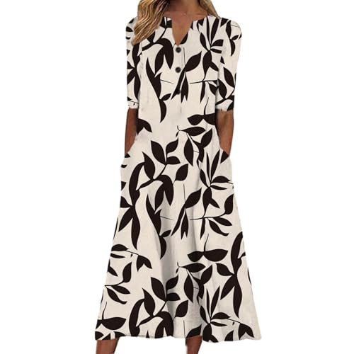 EMATOP Vintage Sommerkleid für Damen Elegant V-Ausschnitt Midikleid Leicht Tunika Kleider Lang Bequem Strandkleid Lässig Kurzarm Shirtkleid Luftig Neuartige Drucke Partykleid Hohe Taille Kleid von EMATOP