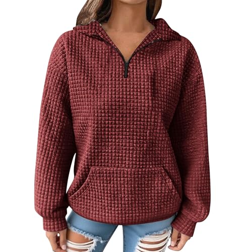 EMATOP Waffel Hoodie Damen Langarm V-Ausschnitt Sweatshirt mit Kapuze Langarmshirt Lässiges Baggy Kapuzenpullover Einfarbig Sportlich Pullover Elegant Bequem Kapuzenpulli Oberteile für Frauen von EMATOP