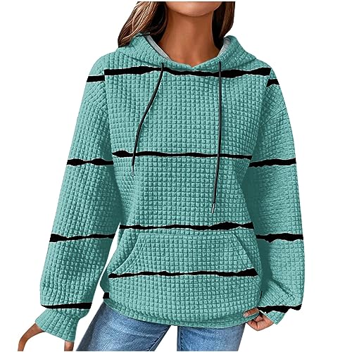 EMATOP Waffel Sweatshirt Damen Langarm Sport Hoodie Casual Baumwolle Kapuzenpullover Klassisch Streifen Langarmshirt mit Kapuze und Taschen Pullover Herbst Winter Elegant Kapuzenpulli Outwear von EMATOP