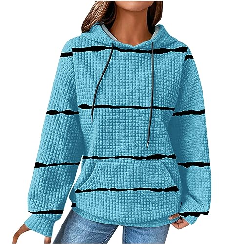 EMATOP Waffel Sweatshirt Damen Langarm Sport Hoodie Casual Baumwolle Kapuzenpullover Klassisch Streifen Langarmshirt mit Kapuze und Taschen Pullover Herbst Winter Elegant Kapuzenpulli Outwear von EMATOP