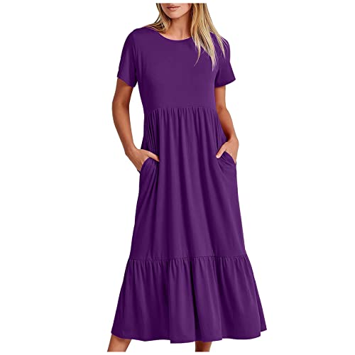 EMATOP Warehouse Deals Angebote 2024 Damen Sommer Rundhals Midikleider Elegant Einfarbig Partykleid Lässiges Baumwolle Tshirt Kleid Locker Kurzarm Sommerkleid Knielang Schwingen Strandkleid von EMATOP