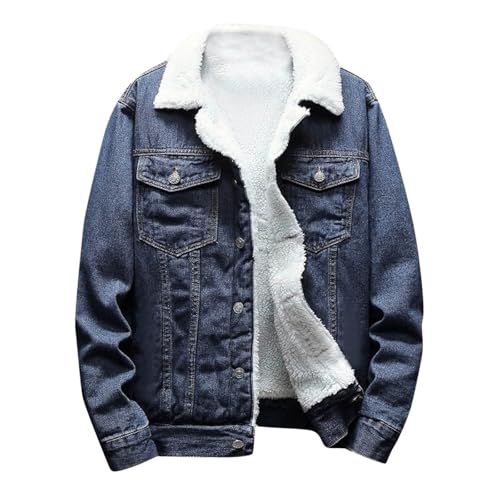 EMATOP Warm Jeansjacke Herren Denim Langarm Jacke Teddy Gefüttert Fleecejacke Casual Revers Hemdjacke Vintage Einfarbig Mantel mit Taschen Teddyjacke Mode Knopfleiste Bikerjacke für Winter von EMATOP