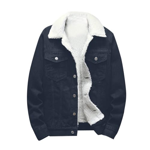 EMATOP Warm Jeansjacke Herren Denim Langarm Jacke Teddy Gefüttert Fleecejacke Casual Revers Hemdjacke Vintage Einfarbig Mantel mit Taschen Teddyjacke Mode Knopfleiste Bikerjacke für Winter von EMATOP