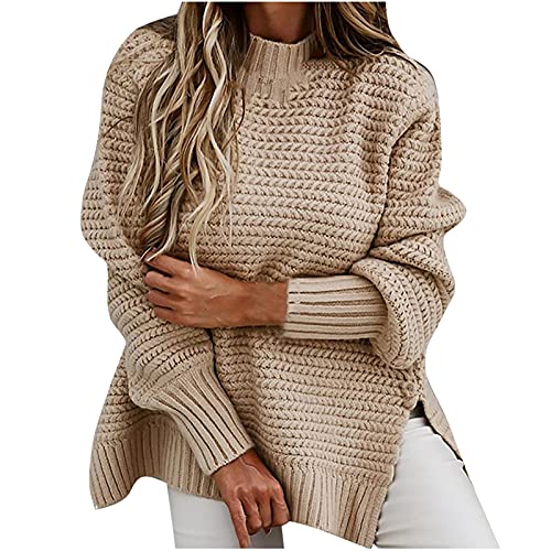 EMATOP Warm Pullover Damen Elegant Grobstrick Sweatshirt Casual Langarm Strickpullover Lockerer Lang Longpullover Oversize Pulli Jumper Basic Rundhals Strickpulli Weich Bequem Winterpullover von EMATOP