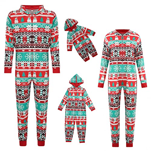 EMATOP Weihnachts Schlafanzug Familie Einteiler Onesie Pyjama Set Weihnachten Overall Hausanzug Erwachsene Kinder Baby Jumpsuit Nachtwäsche mit Reißverschluss Kapuze Weihnachtspyjama Homewear von EMATOP