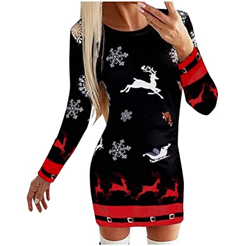 EMATOP Weihnachtskleid Damen Strickkleid Rundhals Kleid Langer Pulloverkleid Lässiges Mode Kleider Pullover Frauen Pullikleid Wickelkleid Weihnachtsmann Muster Herbstkleid für Freizeit Party von EMATOP