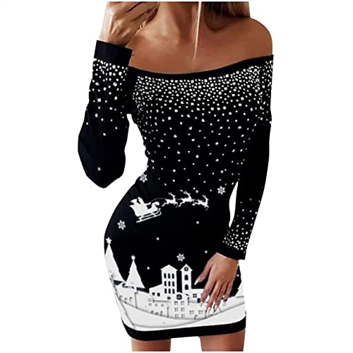 EMATOP Weihnachtskleid Damen Strickkleid Rundhals Kleid Langer Pulloverkleid Lässiges Mode Kleider Pullover Frauen Pullikleid Wickelkleid Weihnachtsmann Muster Herbstkleid für Freizeit Party von EMATOP