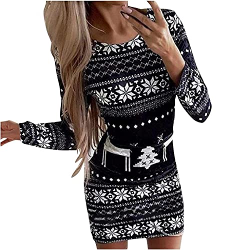 EMATOP Weihnachtskleid Damen Strickkleid Rundhals Kleid Langer Pulloverkleid Lässiges Mode Kleider Pullover Frauen Pullikleid Wickelkleid Weihnachtsmann Muster Herbstkleid für Freizeit Party von EMATOP