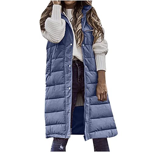 EMATOP Weste Damen Lang Baumwolle Steppweste Ärmellos Elegant Daunenweste mit Kapuze Jacke Winter Warmer Longweste Fleece Gefüttert Winterjacke Casual Einfarbig Steppjacke Winddicht Mantel von EMATOP