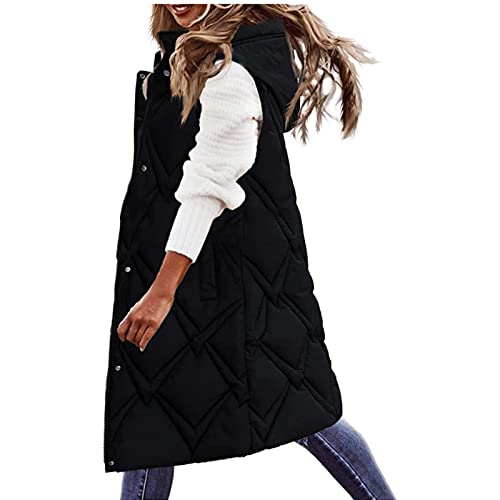 EMATOP Weste Damen Lang Winter Steppweste Leichte Warm Daunenweste mit Kapuze Übergangsweste Elegant Einfarbig Winterjacke Casual Ärmellose Winterweste Longweste Outdoor Puffer Jacke Daunenmantel von EMATOP