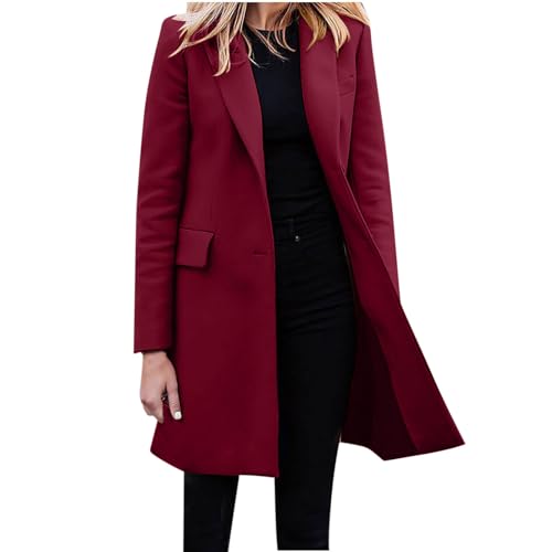 EMATOP Windbreaker Damen Lang Elegante Jacke Herbst Winter Warm Mantel Einfarbig Baumwolle Wollmantel Revers Mode Wintermantel mit Taschen Trenchcoat Frauen Freizeit Business Übergangsjacke von EMATOP