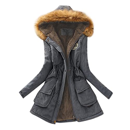 EMATOP Winter Jacke Damen Baumwolle Lange Winterjacke Warm Gefüttert Fleecejacke Casual Einfarbig Wintermantel mit Kapuze Steppjacke Elegant Parka Mantel Weich Bequem Outdoorjacke für Frauen von EMATOP