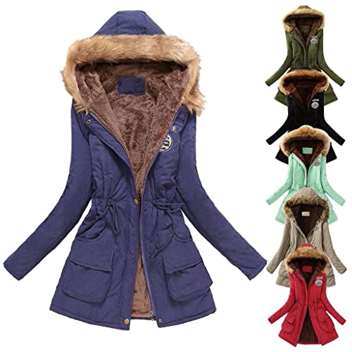 EMATOP Winter Mantel für Frauen Warm Gefüttert Windbreaker Lang Elegant Winterjacke mit Kapuze Wintermantel Einfarbig Reißverschluss Winterparka Langarm Softshell Jacke Steppjacke Outdoor von EMATOP