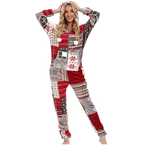 EMATOP Winter Warm Onesie Damen Jumpsuit Weihnachts Schlafanzug Teddy Fleece Einteiler Overall Kuschelig Flauschig Hausanzug mit Kapuze & Reißverschluss Lang Schlafoverall Plüsch Weich Pyjama von EMATOP