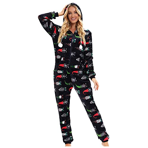 EMATOP Winter Warm Onesie Damen Jumpsuit Weihnachts Schlafanzug Teddy Fleece Einteiler Overall Kuschelig Flauschig Hausanzug mit Kapuze & Reißverschluss Lang Schlafoverall Plüsch Weich Pyjama von EMATOP