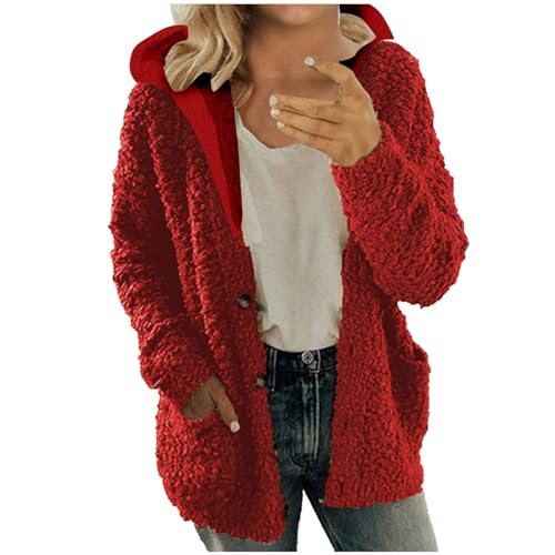 EMATOP Winterjacke Damen Fleece Warm Plüschjacke Lässige Langarm Kapuzenjacke Einfarbig Freizeit Fleecejacke mit Kapuze Taschen Übergangsjacke Herbst Winter Flauschig Plüschmantel Teddyjacke von EMATOP