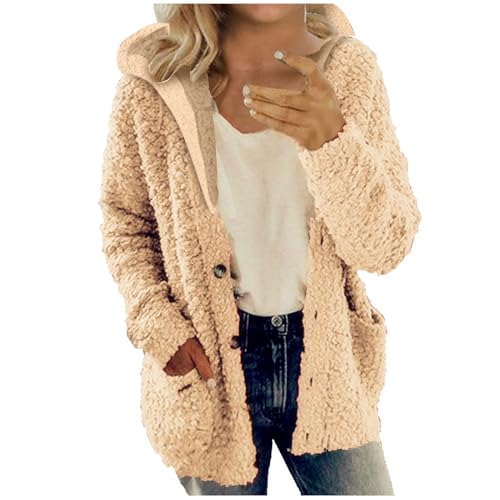 EMATOP Winterjacke Damen Fleece Warm Plüschjacke Lässige Langarm Kapuzenjacke Einfarbig Freizeit Fleecejacke mit Kapuze Taschen Übergangsjacke Herbst Winter Flauschig Plüschmantel Teddyjacke von EMATOP