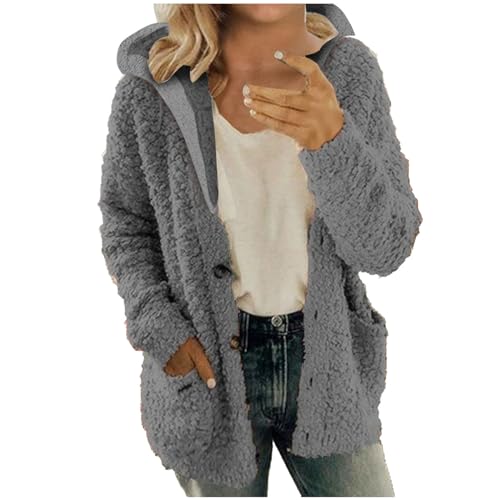 EMATOP Winterjacke Damen Fleece Warm Plüschjacke Lässige Langarm Kapuzenjacke Einfarbig Freizeit Fleecejacke mit Kapuze Taschen Übergangsjacke Herbst Winter Flauschig Plüschmantel Teddyjacke von EMATOP