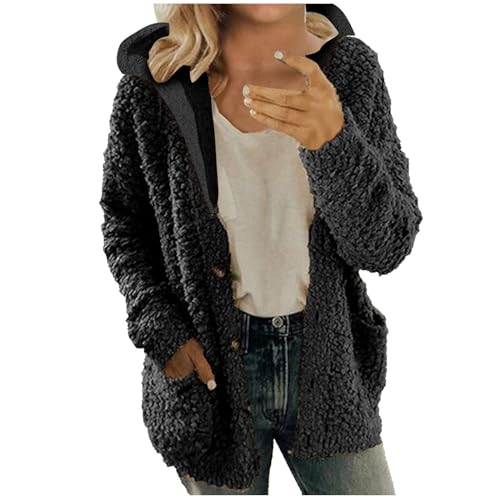 EMATOP Winterjacke Damen Fleece Warm Plüschjacke Lässige Langarm Kapuzenjacke Einfarbig Freizeit Fleecejacke mit Kapuze Taschen Übergangsjacke Herbst Winter Flauschig Plüschmantel Teddyjacke von EMATOP