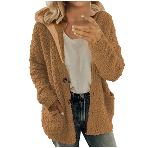 EMATOP Winterjacke Damen Fleece Warm Plüschjacke Lässige Langarm Kapuzenjacke Einfarbig Freizeit Fleecejacke mit Kapuze Taschen Übergangsjacke Herbst Winter Flauschig Plüschmantel Teddyjacke von EMATOP