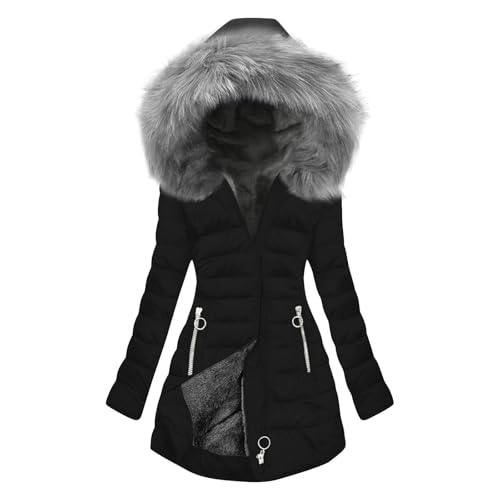 EMATOP Winterjacke Damen Lange Casual Steppjacke Warmer Gefüttert Wintermantel Langarm Baumwolle Parka Jacke Winter Elegant Einfarbig Daunenjacke mit Kapuze Mantel Winddicht Outdoorjacke von EMATOP