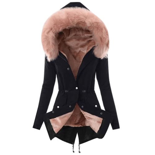 EMATOP Winterjacke Damen Lange Warm Fleecejacke Langarm Elegant Wintermantel Lässig Einfarbig Steppjacke mit Kapuze Parka Jacke Bequemes Gefüttert Winterparka Mantel Winddicht Outdoorjacke von EMATOP