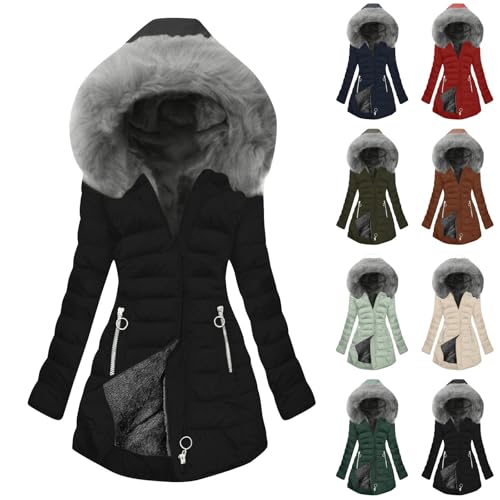 EMATOP Winterjacke Damen Lange Warm Fleecejacke Langarm Elegant Wintermantel Lässig Einfarbig Steppjacke mit Kapuze Parka Jacke Bequemes Gefüttert Winterparka Mantel Winddicht Outdoorjacke von EMATOP