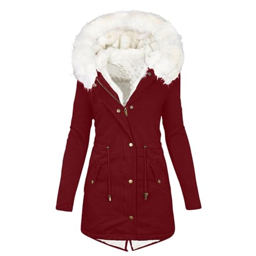 EMATOP Wintermantel Damen Warmer Lang Jacke Baumwolle Einfarbig Wanderjacke mit Kapuze Wintermantel Langarm Elegant Steppmantel Herbst Winter Outdoor Baumwolljacke Kuschelig Winterparka Mantel von EMATOP