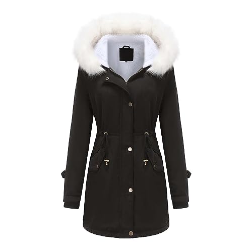 EMATOP Winterjacke Damen Warm Lang Fleecejacke Wasserdicht Atmungsaktiv Regenmantel Teddyfleece Gefüttert Regenjacke mit Kapuze und Taschen Parker Jacke Winter Winddicht Windbreaker Skijacke von EMATOP