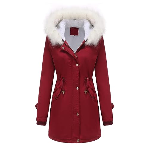 EMATOP Winterjacke Damen Warm Lang Fleecejacke Wasserdicht Atmungsaktiv Regenmantel Teddyfleece Gefüttert Regenjacke mit Kapuze und Taschen Parker Jacke Winter Winddicht Windbreaker Skijacke von EMATOP