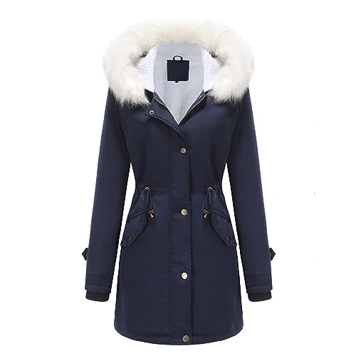 EMATOP Winterjacke Damen Warm Lang Fleecejacke Wasserdicht Atmungsaktiv Regenmantel Teddyfleece Gefüttert Regenjacke mit Kapuze und Taschen Parker Jacke Winter Winddicht Windbreaker Skijacke von EMATOP