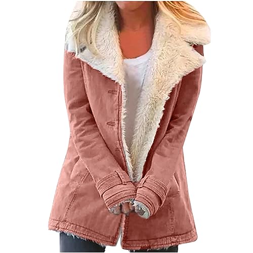 EMATOP Jacke Damen Warm Fleecejacke Lang Elegant Parka Mantel Flauschig Fleece Winterjacke Mode Revers Plüschjacke Baumwolle Einfarbig Wintermantel Herbst Winter Casual Übergangsjacke Outwear von EMATOP