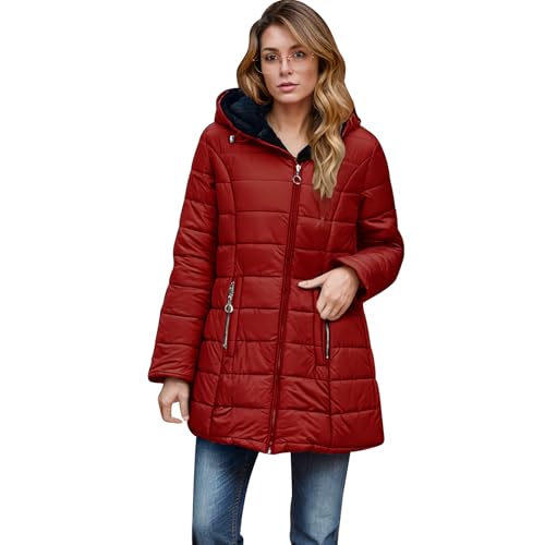 EMATOP Steppjacke Damen Warmer Lang Winterjacke Gefüttert Fleece Daunenjacke Baumwolle Elegant Pufferjacke Langarm Casual Fleecejacke mit Kapuze Wintermantel Winter Outdoor Trachtenjacke von EMATOP