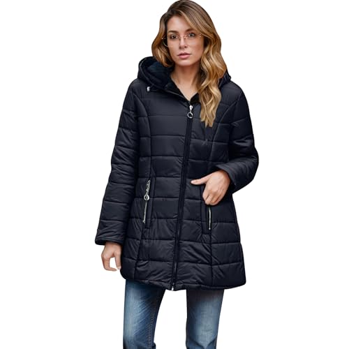 EMATOP Steppjacke Damen Warmer Lang Winterjacke Gefüttert Fleece Daunenjacke Baumwolle Elegant Pufferjacke Langarm Casual Fleecejacke mit Kapuze Wintermantel Winter Outdoor Trachtenjacke von EMATOP