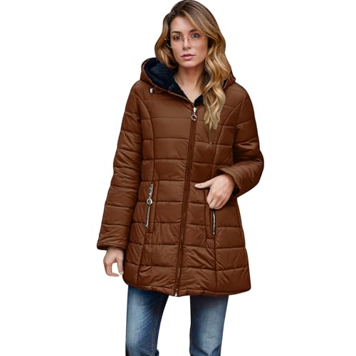 EMATOP Winterjacke Damen Warmer Lang Winterparka Jacke mit Kapuze Steppjacke Baumwolle Einfarbig Wintermantel Fleece Gefüttert Pufferjacke Elegant Langarm Fleecejacke Outdoor Winddicht Mantel von EMATOP
