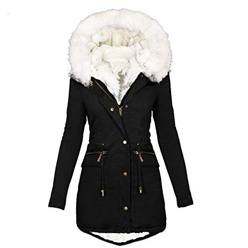 EMATOP Wintermantel Damen Lang Warmer Jacke Baumwolle Einfarbig Wanderjacke mit Kapuze Wintermantel Langarm Elegant Steppmantel Herbst Winter Outdoor Baumwolljacke Kuschelig Winterparka Mantel von EMATOP