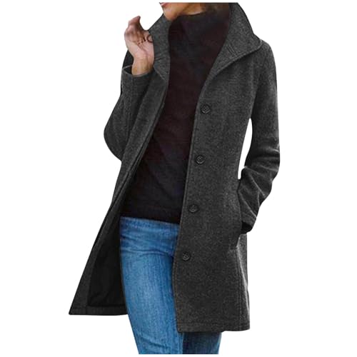 EMATOP Wintermantel Damen Lange Elegant Wollmantel Warme Langarm Mantel Baumwolle Einfarbig Trenchcoat Freizeit Revers Fleecejacke Winter Leicht Parka Jacke mit Taschen Winterjacke Wolljacke von EMATOP