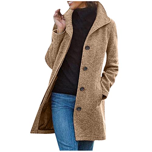 EMATOP Wintermantel Damen Lange Elegant Wollmantel Warme Langarm Mantel Baumwolle Einfarbig Trenchcoat Freizeit Revers Fleecejacke Winter Leicht Parka Jacke mit Taschen Winterjacke Wolljacke von EMATOP