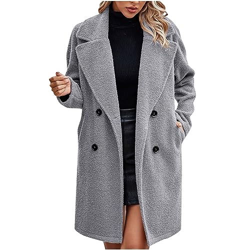 EMATOP Wintermantel Damen Lange Elegant Wollmantel Warme Langarm Mantel Baumwolle Einfarbig Trenchcoat Freizeit Revers Fleecejacke Winter Leicht Parka Jacke mit Taschen Winterjacke Wolljacke von EMATOP