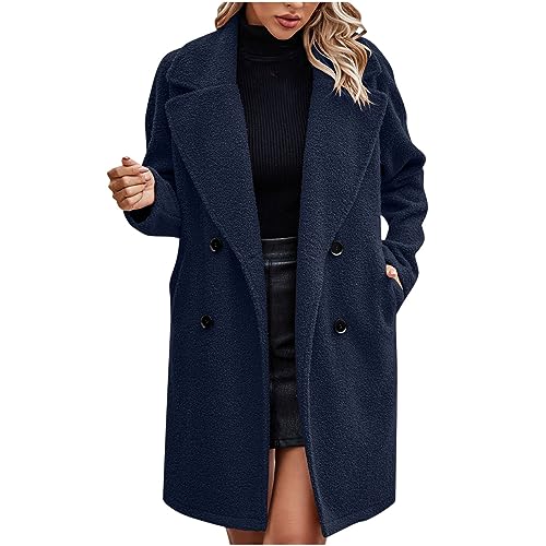 EMATOP Wintermantel Damen Lange Elegant Wollmantel Warme Langarm Mantel Baumwolle Einfarbig Trenchcoat Freizeit Revers Fleecejacke Winter Leicht Parka Jacke mit Taschen Winterjacke Wolljacke von EMATOP