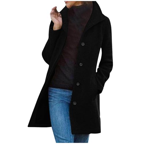 EMATOP Wintermantel Damen Lange Elegant Wollmantel Warme Langarm Mantel Baumwolle Einfarbig Trenchcoat Freizeit Revers Fleecejacke Winter Leicht Parka Jacke mit Taschen Winterjacke Wolljacke von EMATOP