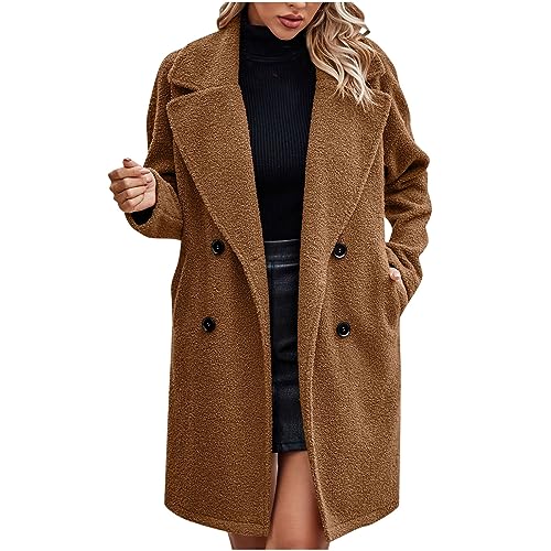 EMATOP Wintermantel Damen Lange Elegant Wollmantel Warme Langarm Mantel Baumwolle Einfarbig Trenchcoat Freizeit Revers Fleecejacke Winter Leicht Parka Jacke mit Taschen Winterjacke Wolljacke von EMATOP