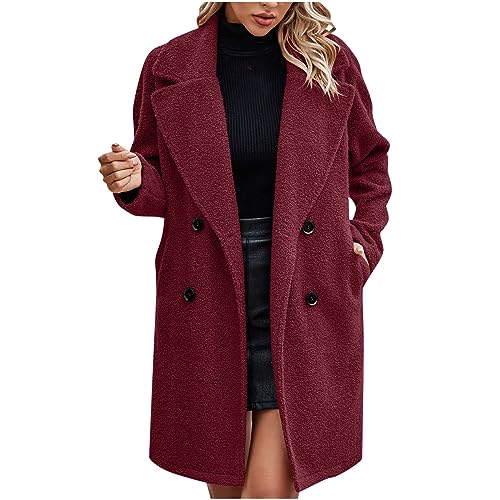 EMATOP Wintermantel Damen Lange Elegant Wollmantel Warme Langarm Mantel Baumwolle Einfarbig Trenchcoat Freizeit Revers Fleecejacke Winter Leicht Parka Jacke mit Taschen Winterjacke Wolljacke von EMATOP