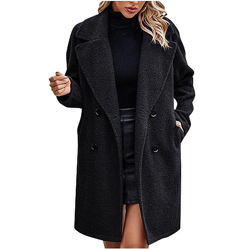 EMATOP Wintermantel Damen Lange Elegant Wollmantel Warme Langarm Mantel Baumwolle Einfarbig Trenchcoat Freizeit Revers Fleecejacke Winter Leicht Parka Jacke mit Taschen Winterjacke Wolljacke von EMATOP
