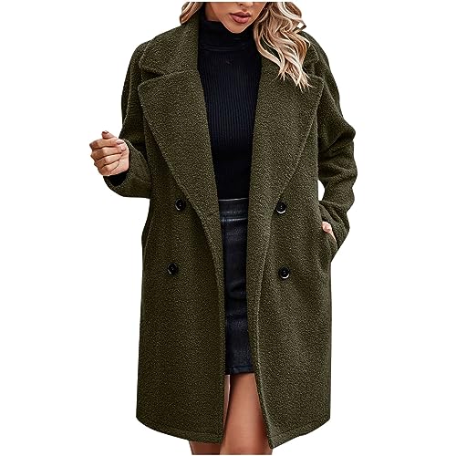 EMATOP Wintermantel Damen Lange Elegant Wollmantel Warme Langarm Mantel Baumwolle Einfarbig Trenchcoat Freizeit Revers Fleecejacke Winter Leicht Parka Jacke mit Taschen Winterjacke Wolljacke von EMATOP
