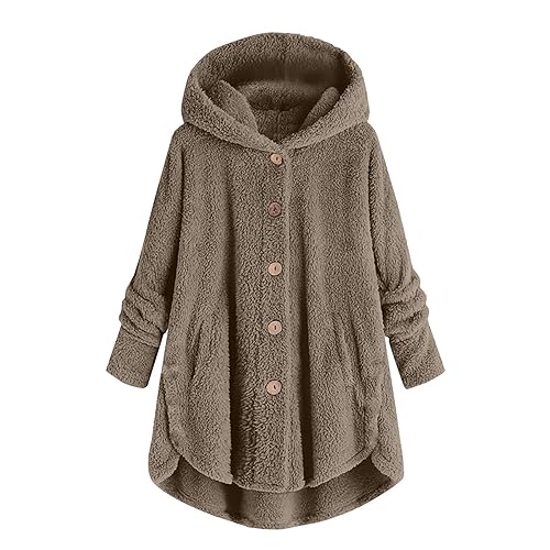 EMATOP Wintermantel Damen Warm Cardigan Casual Langarm Plüschjacke Teddy Fleece Kapuzenjacke Locker Einfarbig Winterjacke mit Kapuze Taschen Fleecejacke Lang Elegant Flauschjacke Winter von EMATOP