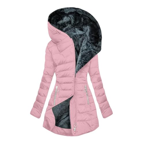 EMATOP Wintermantel Damen Warm Gefüttert Steppjacke Lange Elegant Damenmantel Winter Langarm Parka Jacke mit Kapuze Winterparka Mantel Einfarbig Bequemes Sportjacke Winddicht Outdoorjacke von EMATOP