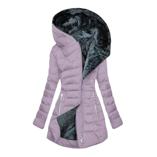 EMATOP Wintermantel Damen Warm Gefüttert Steppjacke Lange Elegant Damenmantel Winter Langarm Parka Jacke mit Kapuze Winterparka Mantel Einfarbig Bequemes Sportjacke Winddicht Outdoorjacke von EMATOP
